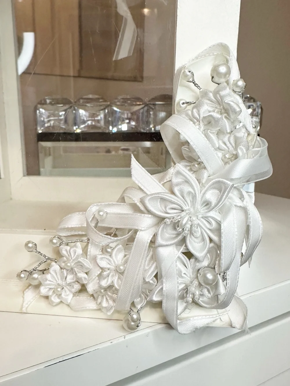 Wedding Card Reception Box- Off White with Ribbon and Pearl Accents